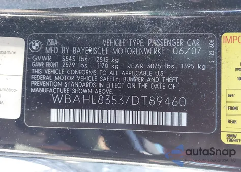 2007 BMW 750I z USA, uszkodzony, nr VIN WBAHL83537DT89460